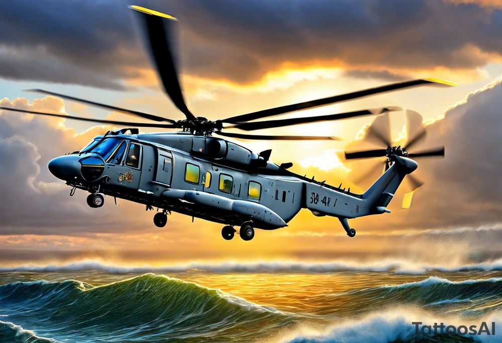 A detailed 4K drawing of a Canadian military grey CH-148 Cyclone helicopter soaring low over rough, ocean waves. The sun is setting, casting a dramatic glow on the scene. The background is highly detailed, with realistic clouds and a specular reflection of the helicopter on the water. Focus on the intricate details of the helicopter and the ruggedness of the ocean.In the background, a poppy should be prominently displayed, and a quote from 'Lest We Forget' should be included tattoo idea