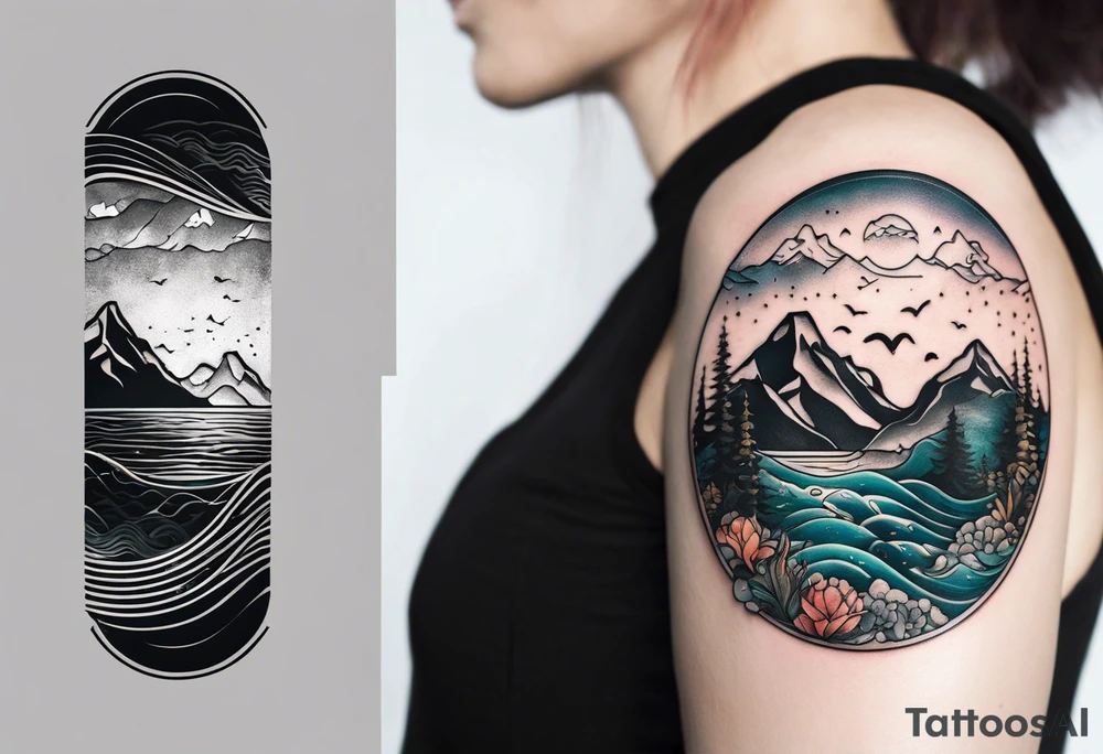 This is a tattoo that is split into 2 sections; a top half and a bottom half. The top half is a mountain in Norway with a mountain bike trail winding down the mountain. The bottom half of the tattoo depicts an underwater scene featuring water, and sea life. tattoo idea