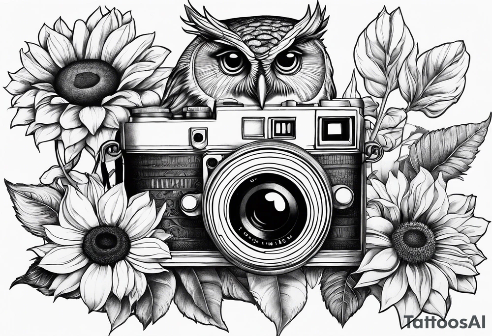 Sunflower, camera, book, owl tattoo idea