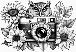 Sunflower, camera, book, owl tattoo idea