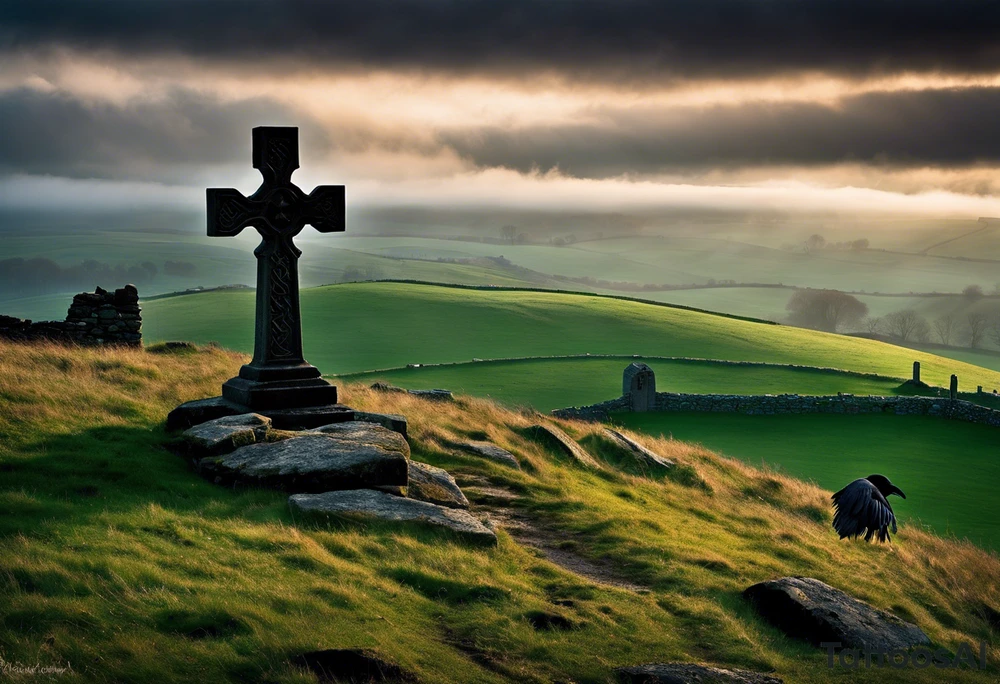 A stone Celtic cross solemnly standing atop a hill, a raven perches atop the cross staring out over the desolation. A ruined stone wall lies crumbling near the cross. Mist rolls along the hilltops adding to the melancholic nature of the scene. Clouds gather in the distance, obscuring the setting sun tattoo idea