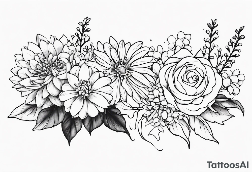 Asters, roses, lily of the valley, and chrysanthemums in a long line tattoo idea