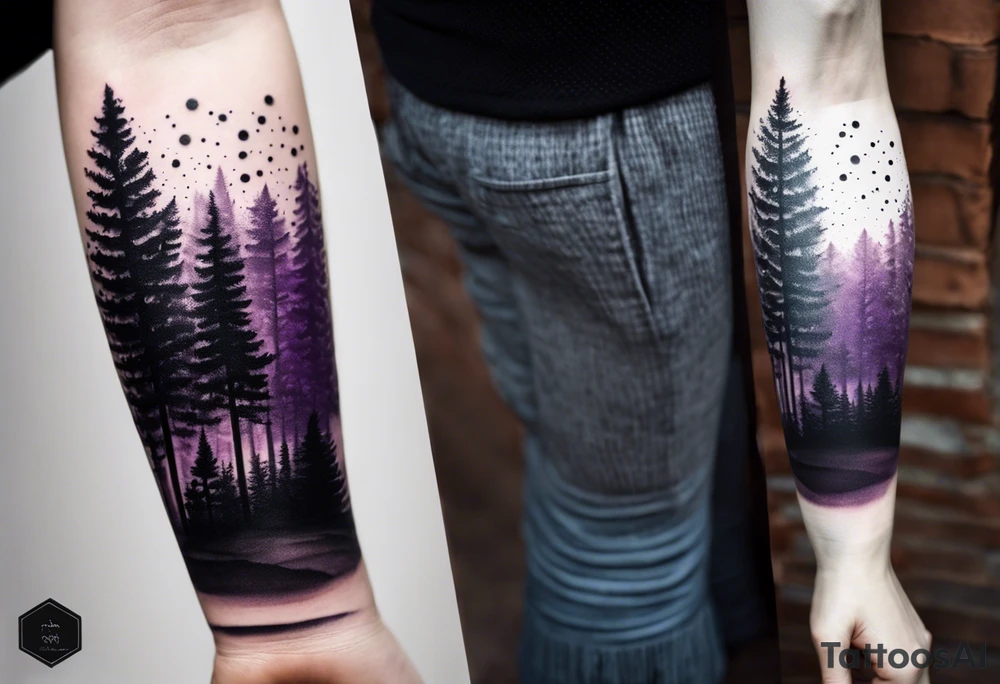 forest, purple and black, on forearm, fully covered, no borders, blackwork tattoo idea