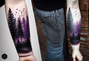 forest, purple and black, on forearm, fully covered, no borders, blackwork tattoo idea