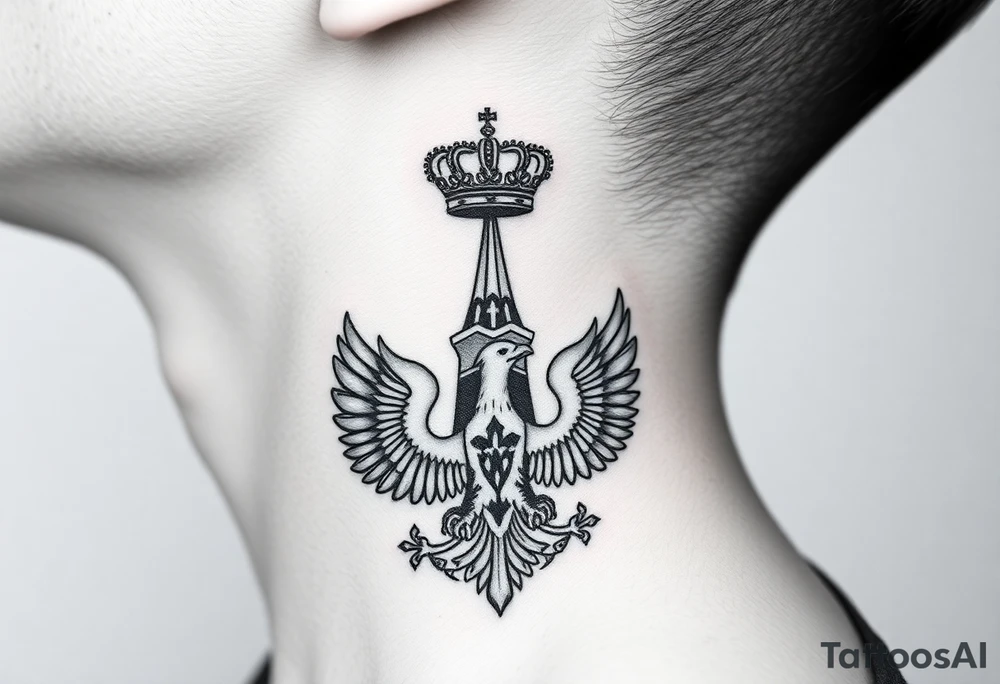 St. George, 3 russian imperial crowns above the Russian coat of arms double eagle and sitting above its wingspan sitting just above Kremlin or St. Basil's Cathedral scene  on the side of my neck tattoo idea
