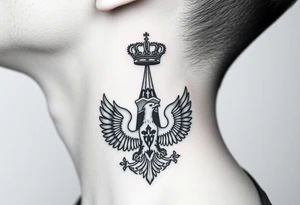 St. George, 3 russian imperial crowns above the Russian coat of arms double eagle and sitting above its wingspan sitting just above Kremlin or St. Basil's Cathedral scene  on the side of my neck tattoo idea