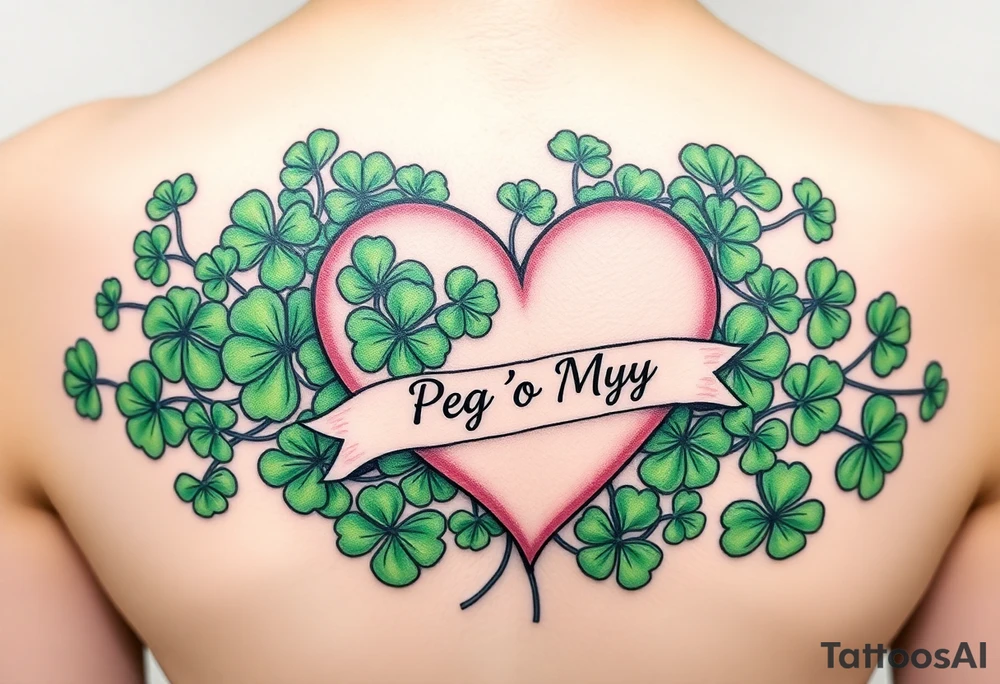 A ton of green shamrocks together with a big pale pink heart with a banner across the heart that says Peg 'o My Heart tattoo idea