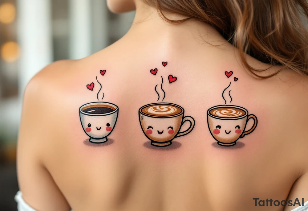 A trio of coffee cups—one espresso, one cappuccino, one latte, smiling at each other with tiny steam hearts floating above them. tattoo idea