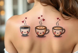 A trio of coffee cups—one espresso, one cappuccino, one latte, smiling at each other with tiny steam hearts floating above them. tattoo idea