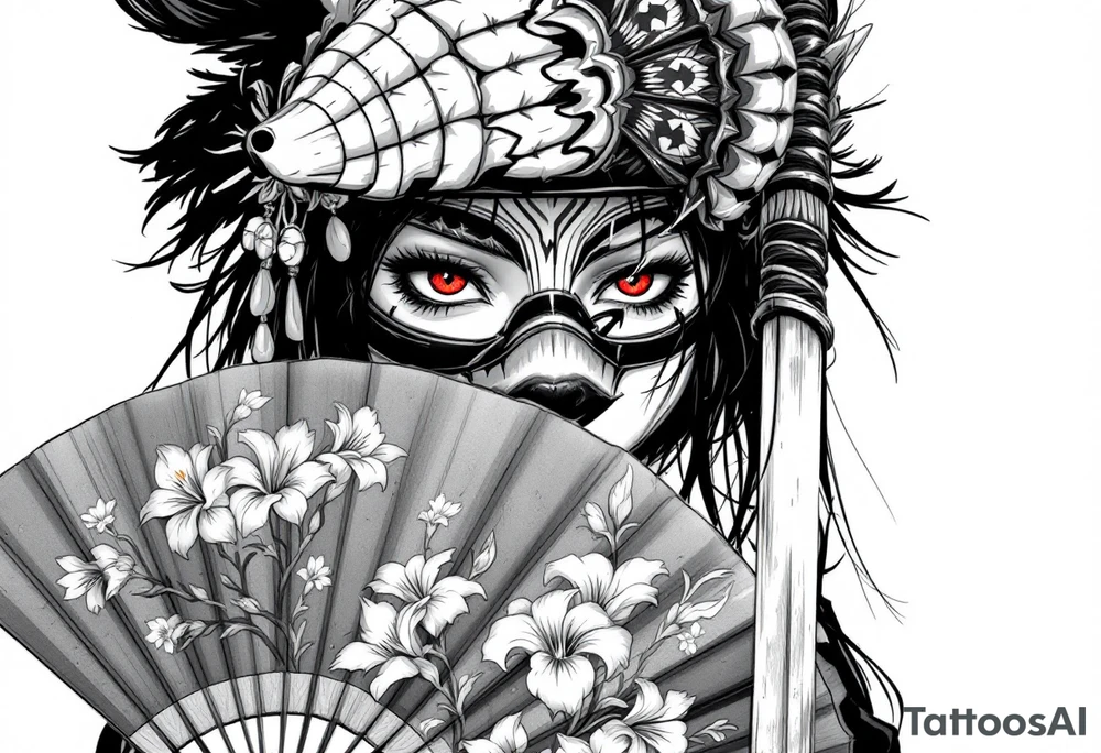 Woman samurai with red eyes wearing an half and broken kitsune mask, holding katana and japanese fan with Iris flowers tattoo idea