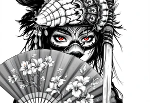 Woman samurai with red eyes wearing an half and broken kitsune mask, holding katana and japanese fan with Iris flowers tattoo idea