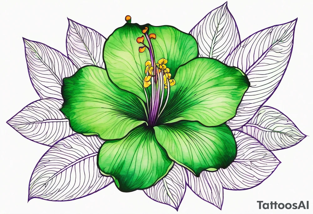 An outline of a green rio dipladenia flower and a green/purple watercolor in the background tattoo idea