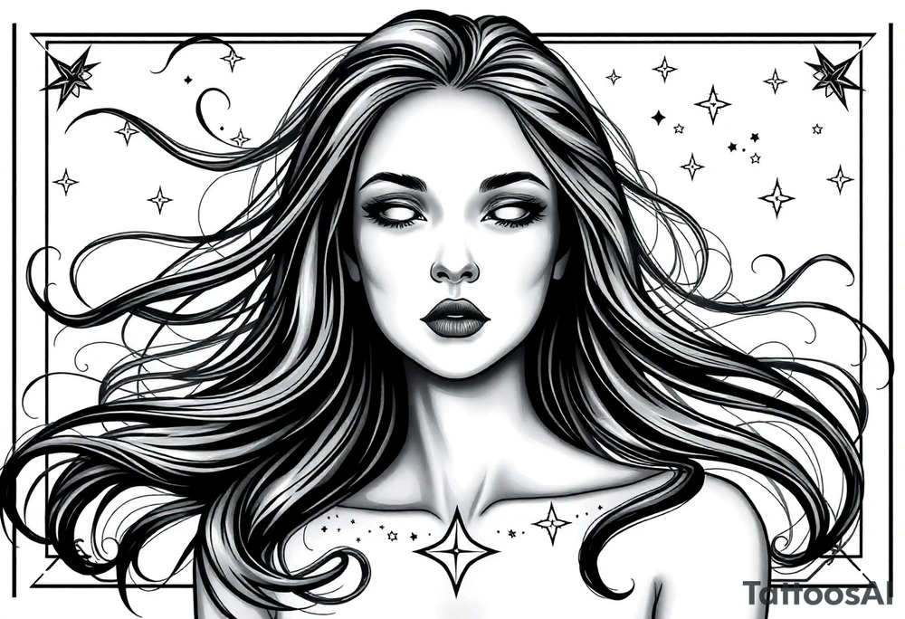 ethereal faceless womans frame with flowing hair and beautiful celestial stars tattoo idea