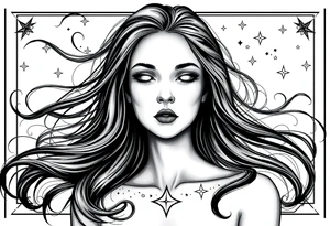 ethereal faceless womans frame with flowing hair and beautiful celestial stars tattoo idea