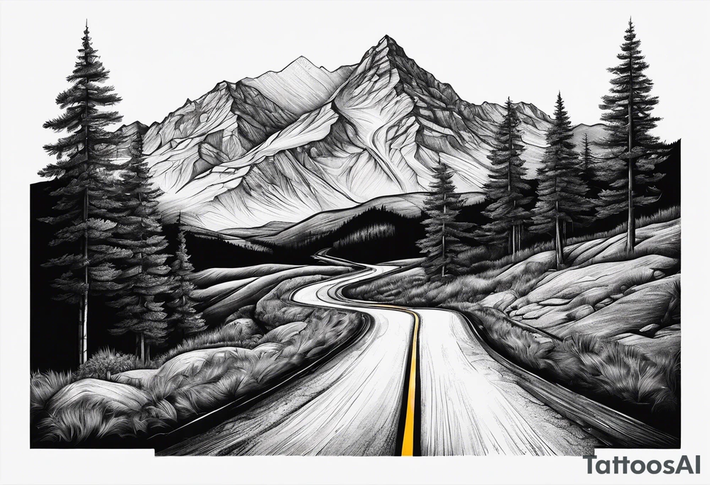 mountain road tattoo with road sign tattoo idea