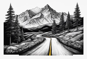 mountain road tattoo with road sign tattoo idea