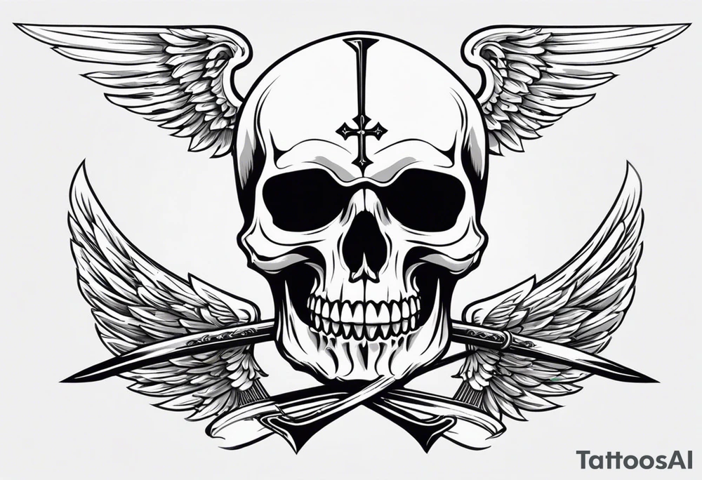 In the center is a half skull pierced by a large sword. On either side of the skull, there are spread angel wings, Beneath the skull is a ribbon cross elements on that, ribbon weaves through both the skull and the sword tattoo idea