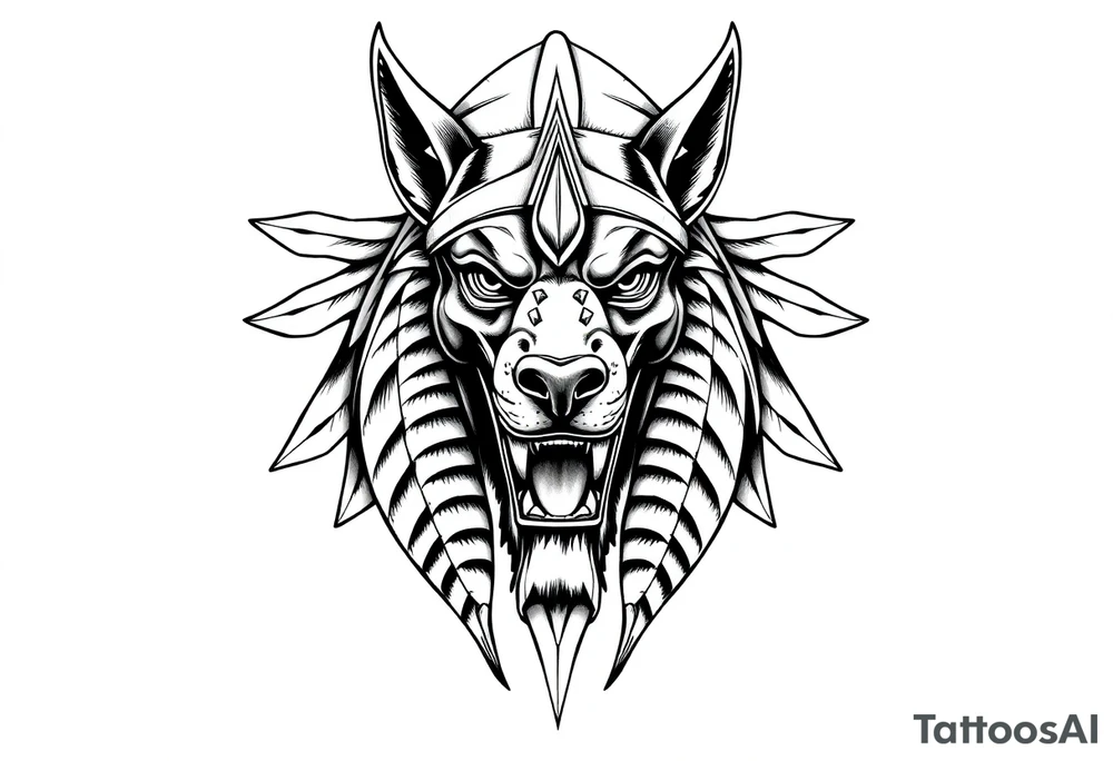 powerful majestic muscle anubis Egyptian god face mix with dog
without eyes with mantle on head tattoo idea