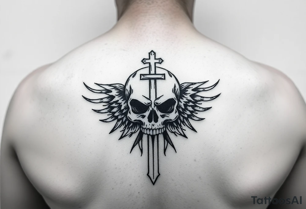 I would like to get a tattoo of a skull and a cross and in a guitar for your upper arm that would be covered with a sleeve and I want it just black and gray tattoo idea