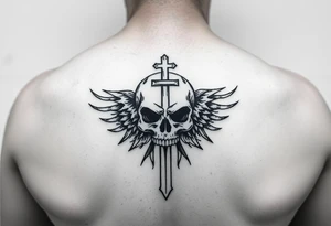 I would like to get a tattoo of a skull and a cross and in a guitar for your upper arm that would be covered with a sleeve and I want it just black and gray tattoo idea