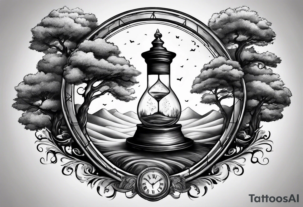 tattoo drawing of a tree on top a hour glass tattoo idea