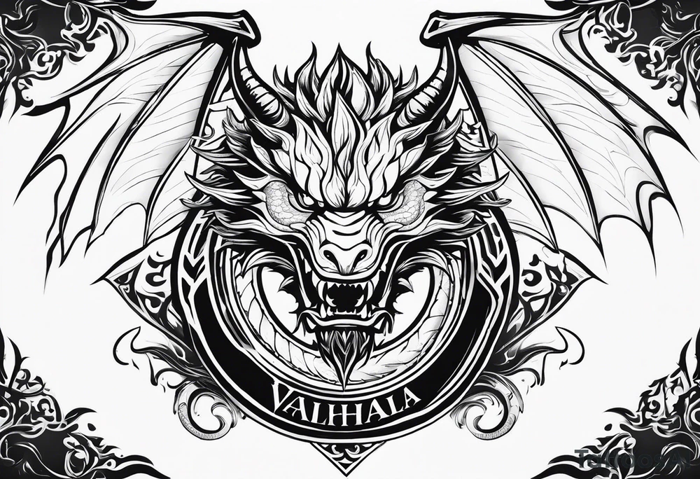 Valhalla sword shield dragon head fire tattoo idea