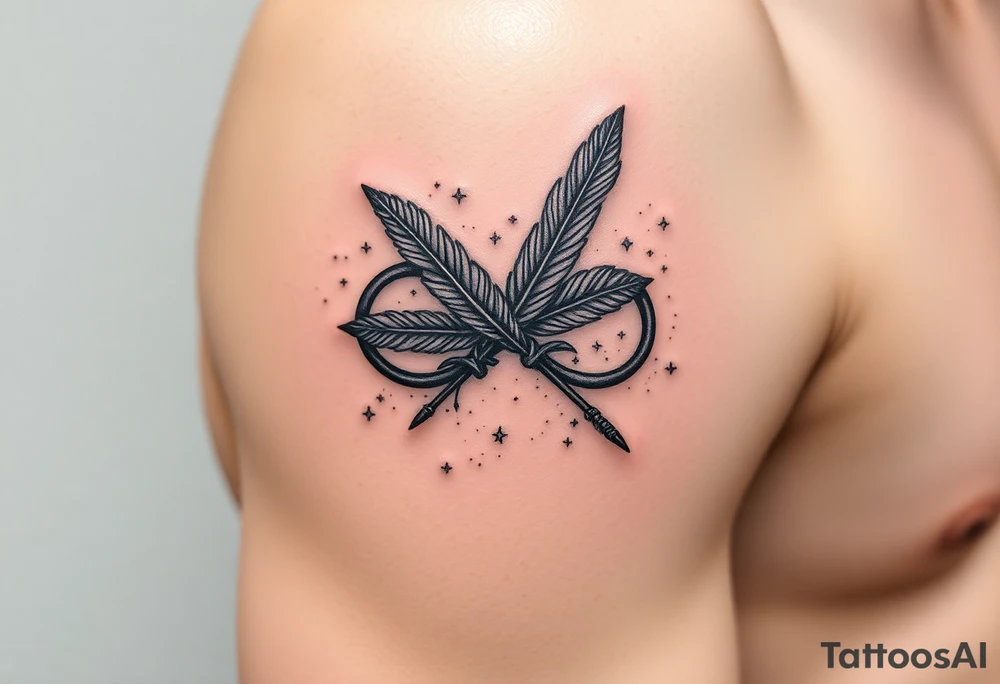 infinity symbol woven with floating feathers and stardust tattoo idea