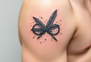 infinity symbol woven with floating feathers and stardust tattoo idea