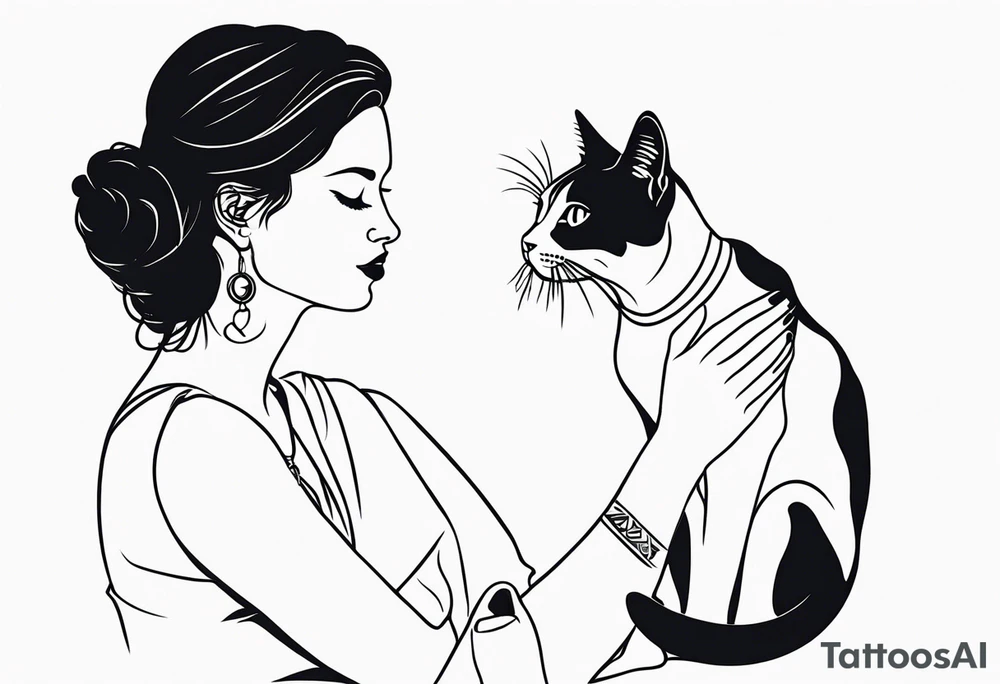 Tatuagem de uma mulher tomando vinho acariciando um gato tattoo idea