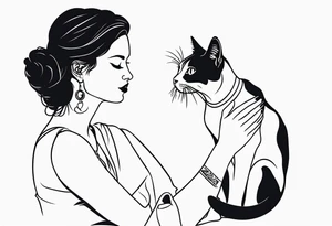 Tatuagem de uma mulher tomando vinho acariciando um gato tattoo idea