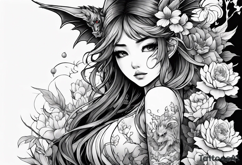 2 dimensional art of a bleeding anime girl surrounded by an asian gargoyle and flowers tattoo idea