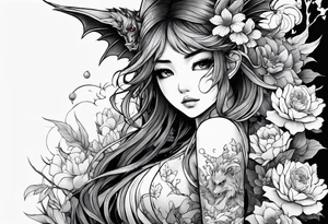 2 dimensional art of a bleeding anime girl surrounded by an asian gargoyle and flowers tattoo idea