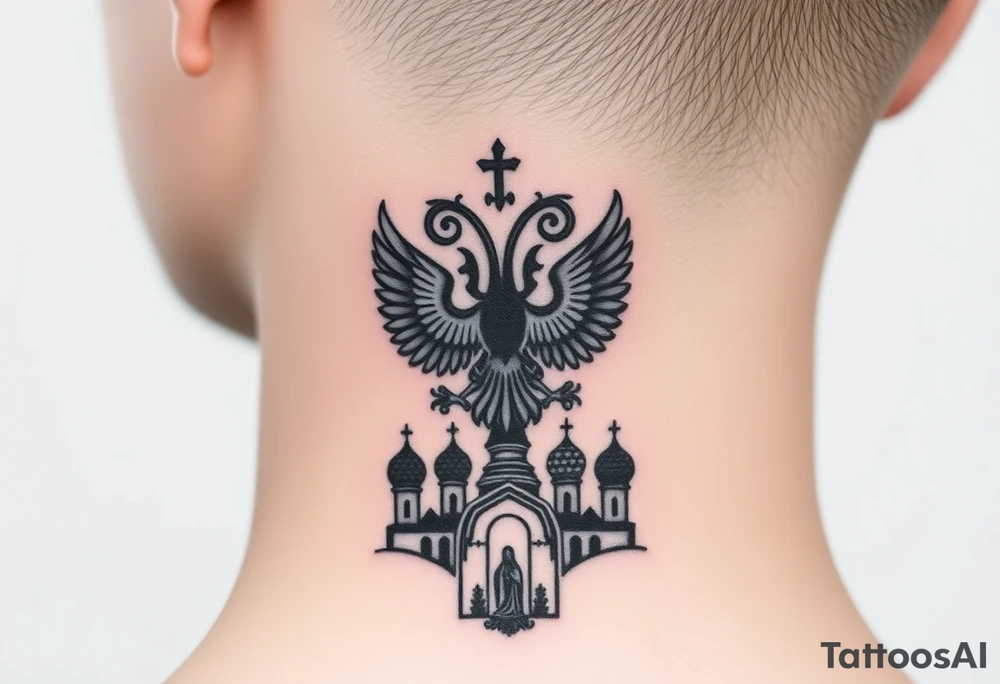 Stacked Vertical Column 

Russian star — bold
Middle: double-headed eagle — simplified, cleaner lines to suit the smaller space
Bottom: Orthodox church dome(s) & a Virgin Mary silhouette beneath tattoo idea