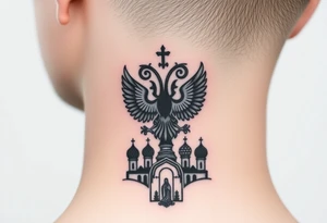 Stacked Vertical Column 

Russian star — bold
Middle: double-headed eagle — simplified, cleaner lines to suit the smaller space
Bottom: Orthodox church dome(s) & a Virgin Mary silhouette beneath tattoo idea