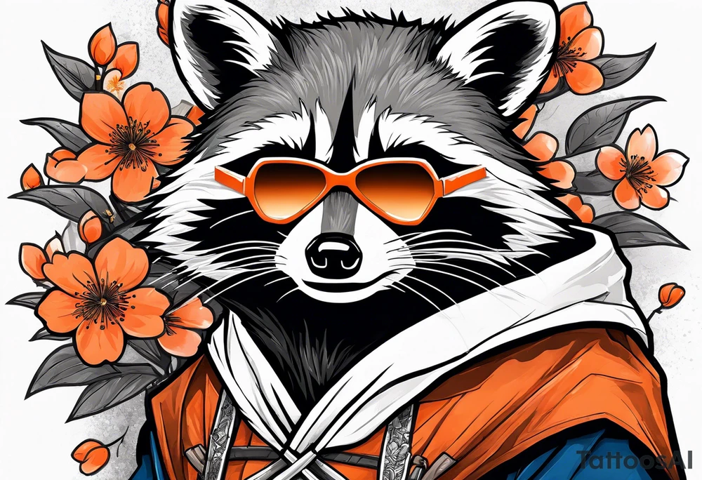 Raccoon wearing a white Superman logo on a black hoodie and orange Japanese cherry blossoms beside tattoo idea