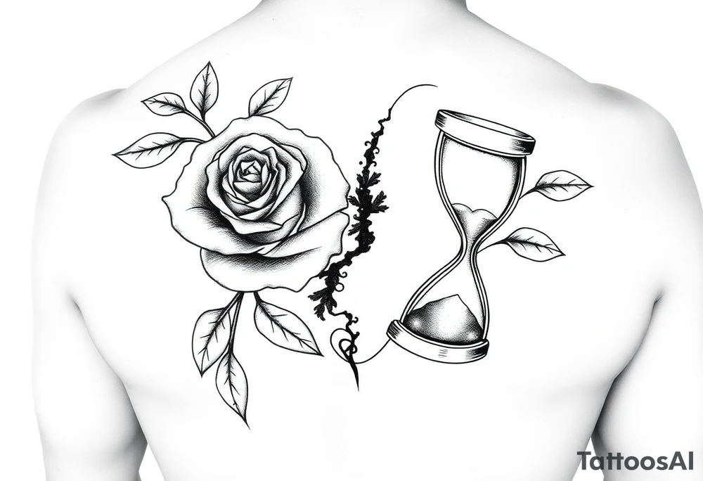 Arose in the shape of a heart with pieces of the Rose blowing away in the wind and the other half an hourglass with the sand out of time black and white feminine tattoo idea