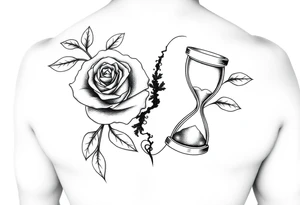 Arose in the shape of a heart with pieces of the Rose blowing away in the wind and the other half an hourglass with the sand out of time black and white feminine tattoo idea