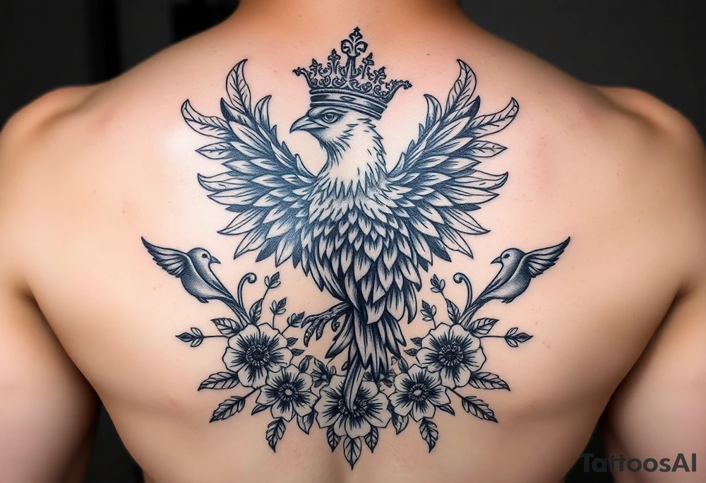 powerful majestic phenix with a crown, surrounded by floral ornaments and birds tattoo idea