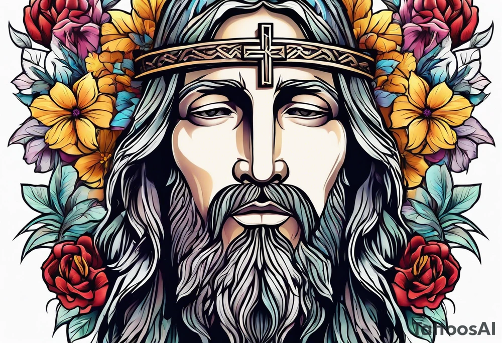 Jesus head with flowers and cross tattoo idea