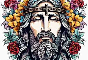 Jesus head with flowers and cross tattoo idea