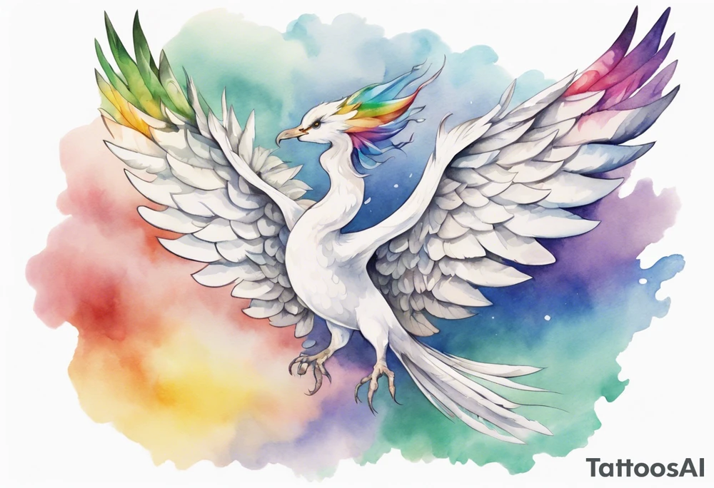 a watercolor of a white bird-serpent hybrid wearing a grey crown, with rainbow wing feathers, flying in the sky tattoo idea