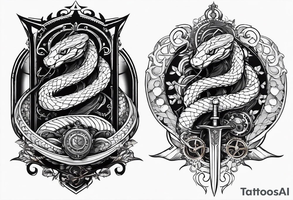 Aggresive Snakes with a sword, this design must be in a vertical vertical proportion. Additionaly the desing must be "Steampunk" type tattoo idea