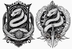 Aggresive Snakes with a sword, this design must be in a vertical vertical proportion. Additionaly the desing must be "Steampunk" type tattoo idea