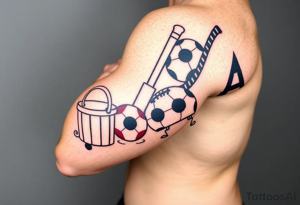 Childhood memories of a book, a bucket and spade, a football, a cricket bat, a cartoon of Dennis the Menace from the Beano comic, and the American Idiot symbol tattoo idea