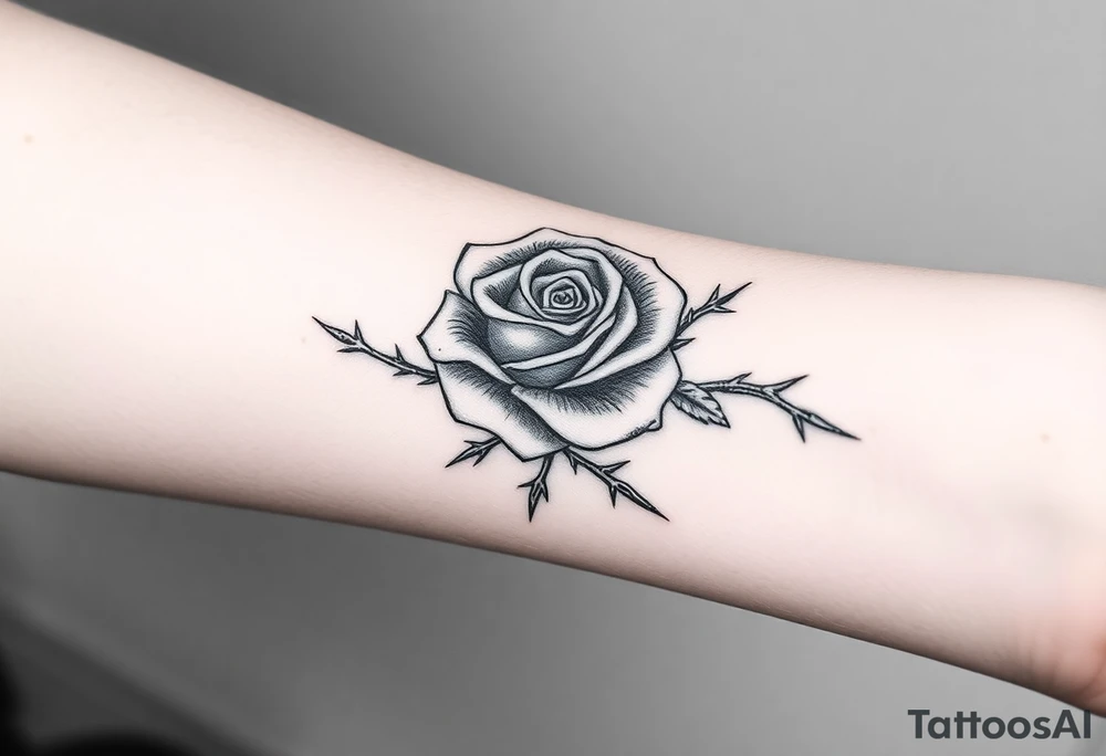 rose tattoo with thorns saying rise above all tattoo idea
