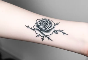 rose tattoo with thorns saying rise above all tattoo idea