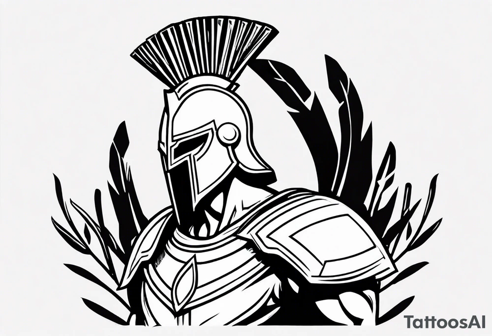 rectangular landscape format ultra-fine line linework vector of a spartan from the side, spartan spear, spartan shield, laurel wreath tattoo idea