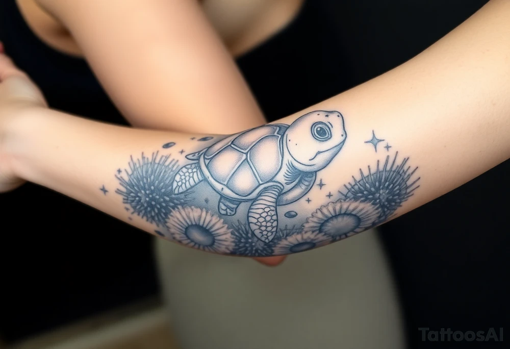 Baby sea turtle with ocean scene surrounded with sea urchins tattoo idea