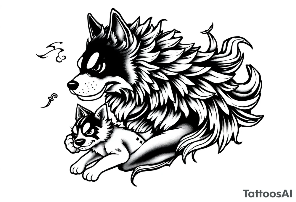 Japanese Fô dog with baby Fô dog under her paw with wind elements around tattoo idea