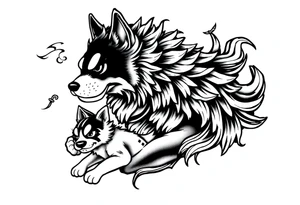 Japanese Fô dog with baby Fô dog under her paw with wind elements around tattoo idea
